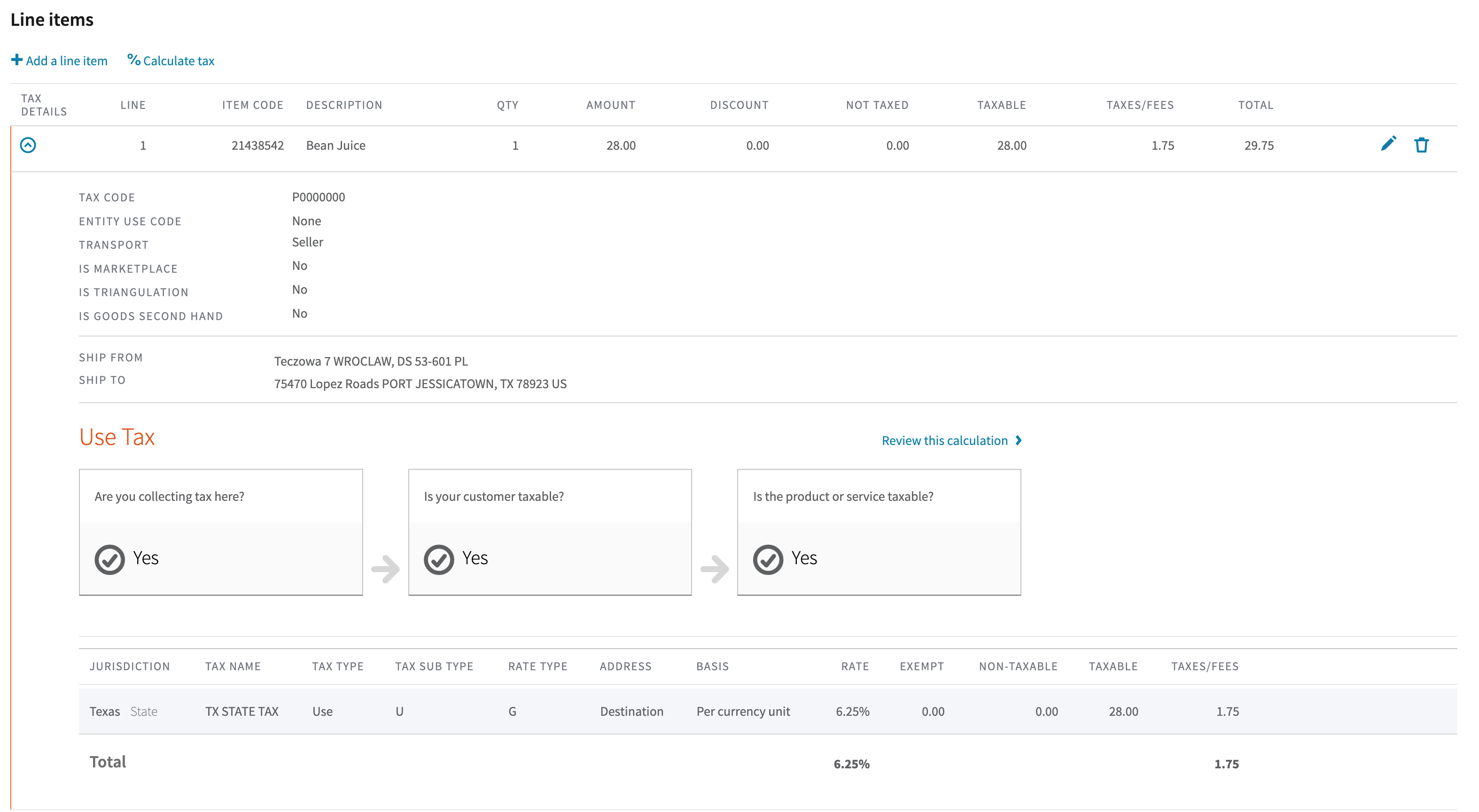 Line item details in AvaTax dashboard that includes a flowchart of why taxes were calculated